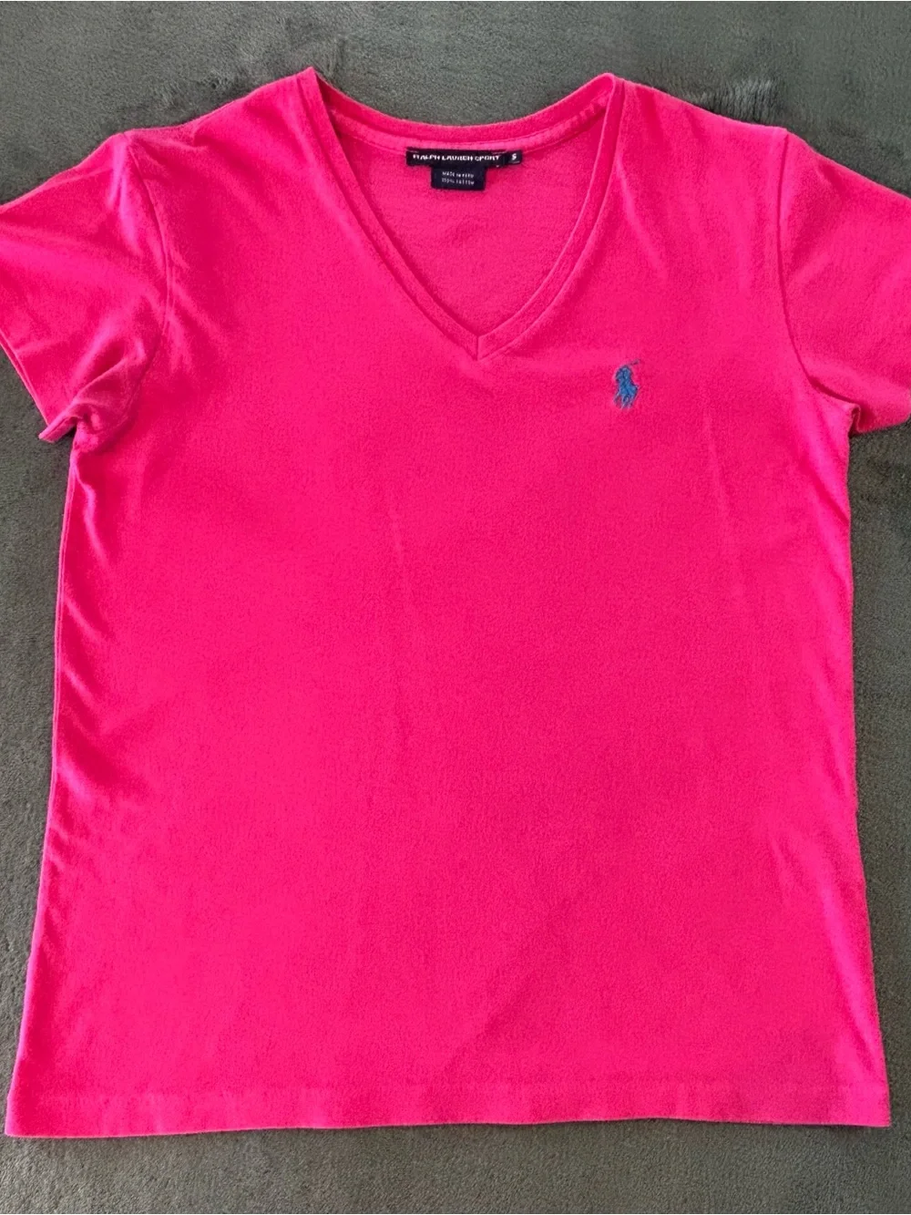 Ralph Lauren Bright Pink V-Neck Shirt with Blue Pony, Size: S (youth/girls) hi